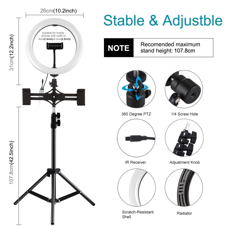 PULUZ 10.2 inch 26cm Curved Surface RGBW LED Ring Light + 1.1m Tripod Mount + Dual Phone Brackets Horizontal Holder + Vlogging Video Light  Live Broadcast Kits with Remote Control & Phone Clamp(Black)