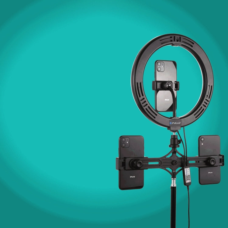 PULUZ 10.2 inch 26cm Curved Surface RGBW LED Ring Light + 1.1m Tripod Mount + Dual Phone Brackets Horizontal Holder + Vlogging Video Light  Live Broadcast Kits with Remote Control & Phone Clamp(Black)