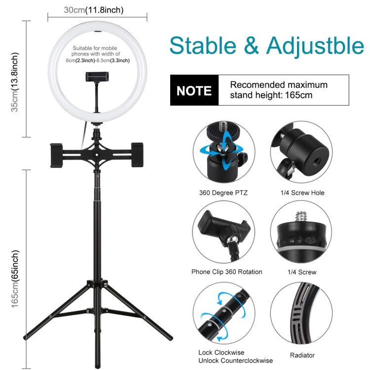 PULUZ 11.8" Ring Light with 1.65m Tripod, Dual Phone Bracket, USB, 3 Modes, Dual Color Temperature (Black)