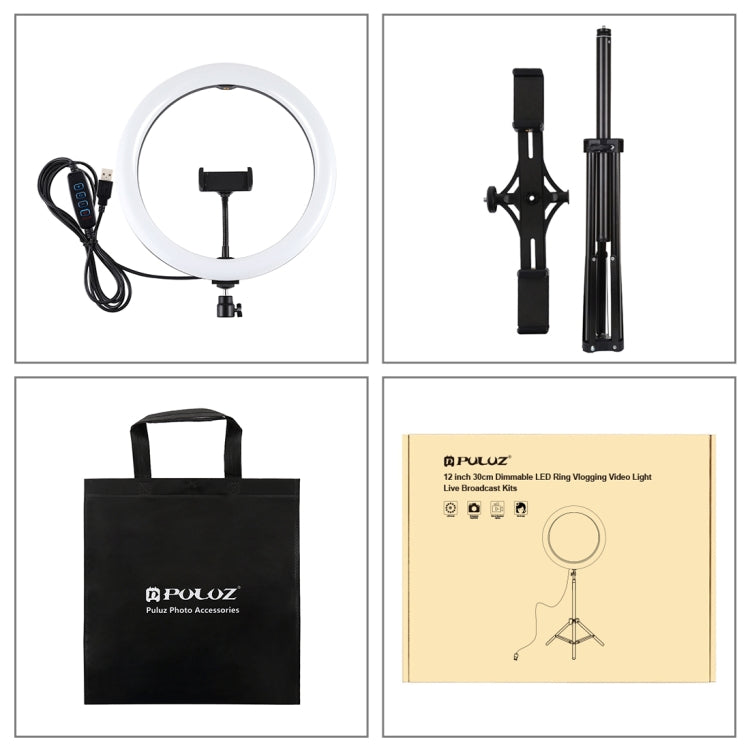 PULUZ 11.8" Ring Light with 1.65m Tripod, Dual Phone Bracket, USB, 3 Modes, Dual Color Temperature (Black)