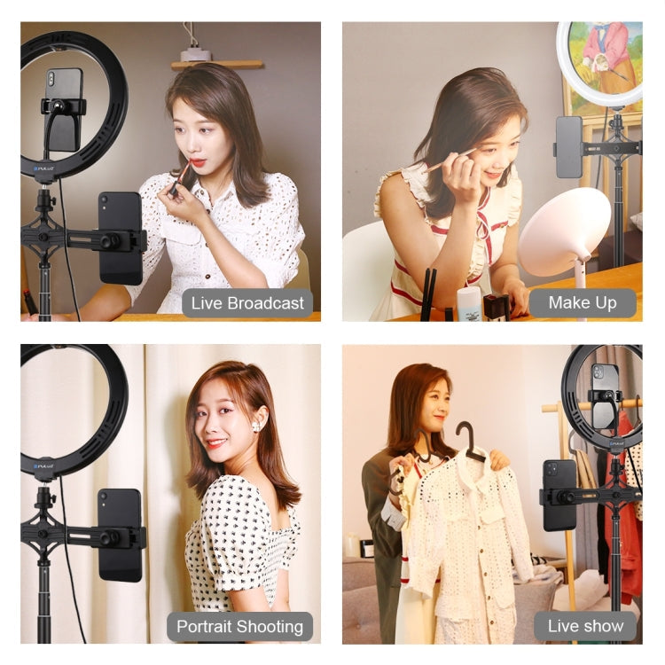 PULUZ 1.65m Tripod Mount + Dual Phone Brackets + 10.2 inch 26cm Curved Surface USB 3 Modes Dimmable Dual Color Temperature Ring Selfie Vlogging Video Light Live Broadcast Kits with Phone Clamp & Selfie Remote Control(Black)