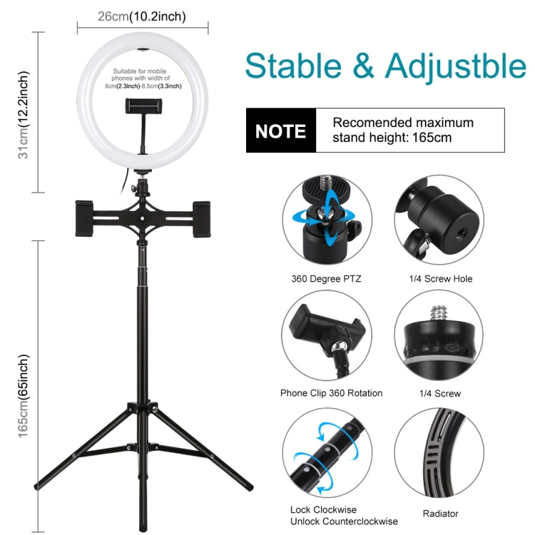 PULUZ 1.65m Tripod Mount + Dual Phone Brackets + 10.2 inch 26cm Curved Surface USB 3 Modes Dimmable Dual Color Temperature Ring Selfie Vlogging Video Light Live Broadcast Kits with Phone Clamp & Selfie Remote Control(Black)