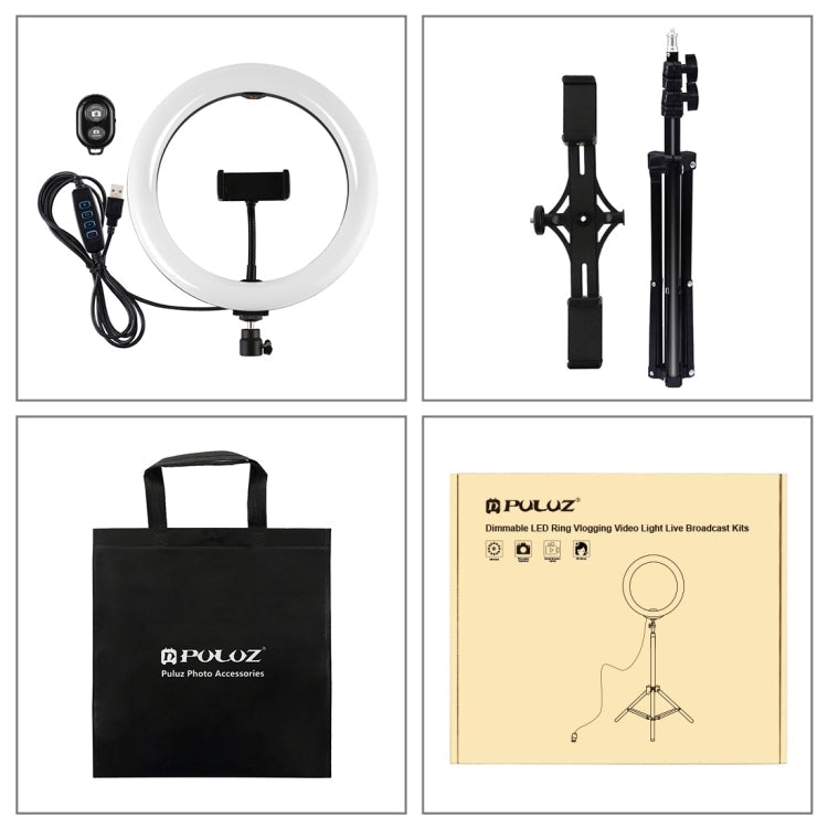 PULUZ 10.2 inch 26cm Light + 1.1m Tripod Mount + Dual Phone Brackets USB 3 Modes Dimmable Dual Color Temperature LED Curved Diffuse Light Ring Vlogging Selfie Photography Video Lights with Phone Clamp & Selfie Remote Control(Black)