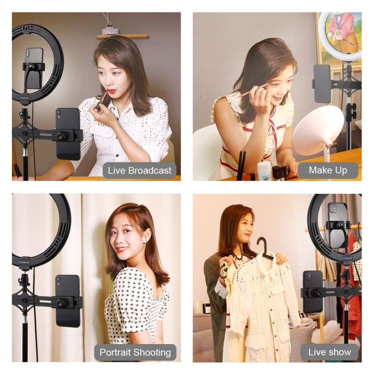 PULUZ 10.2 inch 26cm Light + 1.1m Tripod Mount + Dual Phone Brackets USB 3 Modes Dimmable Dual Color Temperature LED Curved Diffuse Light Ring Vlogging Selfie Photography Video Lights with Phone Clamp & Selfie Remote Control(Black)
