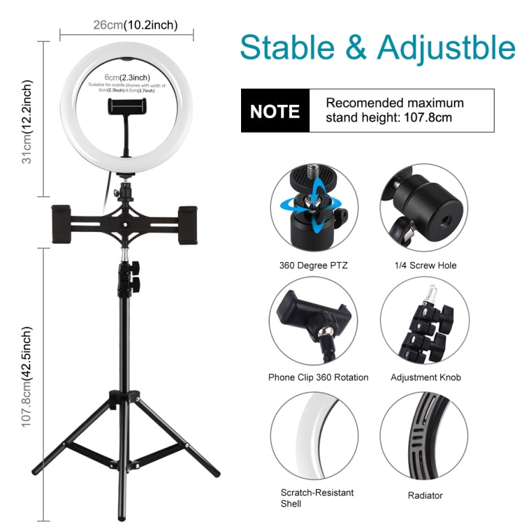PULUZ 10.2 inch 26cm Light + 1.1m Tripod Mount + Dual Phone Brackets USB 3 Modes Dimmable Dual Color Temperature LED Curved Diffuse Light Ring Vlogging Selfie Photography Video Lights with Phone Clamp & Selfie Remote Control(Black)