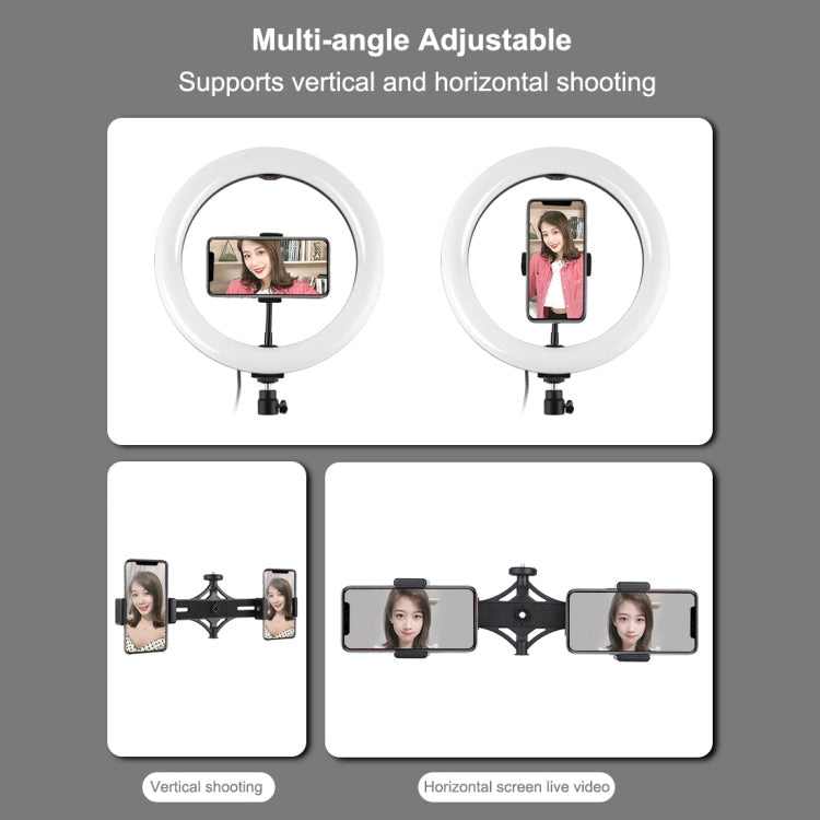 PULUZ 10.2 inch 26cm Light + 1.1m Tripod Mount + Dual Phone Brackets USB 3 Modes Dimmable Dual Color Temperature LED Curved Diffuse Light Ring Vlogging Selfie Photography Video Lights with Phone Clamp & Selfie Remote Control(Black)