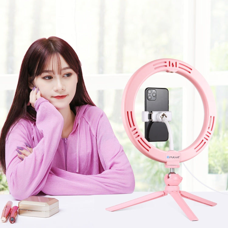 PULUZ 10.2" Ring Light with Desktop Tripod, USB, 3 Modes, Dual Color Temperature, Phone Clamp (Pink)
