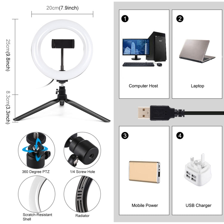 PULUZ 7.9 inch 20cm Light + Desktop Tripod Mount USB 3 Modes Dimmable Dual Color Temperature LED Curved Light Ring Vlogging Selfie Beauty Photography Video Lights with Phone Clamp, 7.9 inch+Tripod