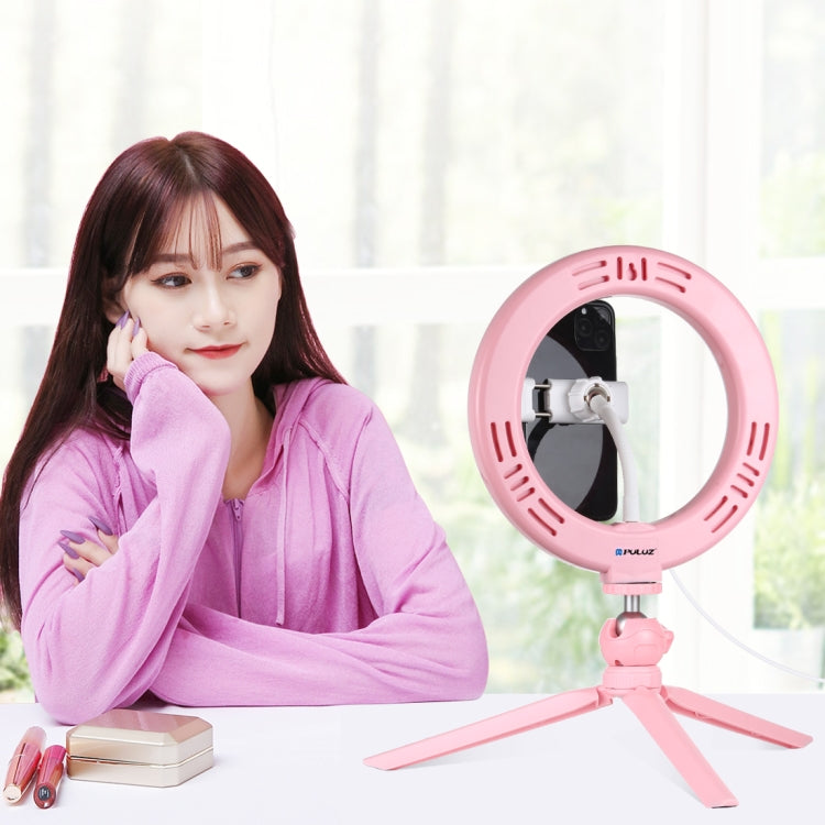 PULUZ 7.9 inch 20cm Light + Desktop Tripod Mount USB 3 Modes Dimmable Dual Color Temperature LED Curved Light Ring Vlogging Selfie Beauty Photography Video Lights with Phone Clamp(Pink)