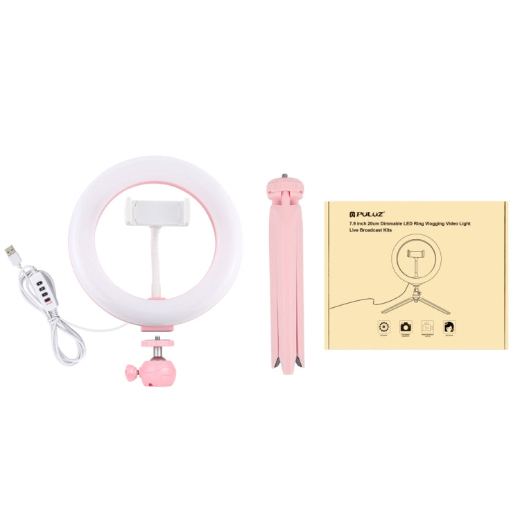 PULUZ 7.9 inch 20cm Light + Desktop Tripod Mount USB 3 Modes Dimmable Dual Color Temperature LED Curved Light Ring Vlogging Selfie Beauty Photography Video Lights with Phone Clamp(Pink)