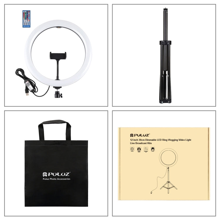 PULUZ 11.8 inch 30cm RGBW Light + 1.65m Mount Curved Surface RGBW Dimmable LED Ring Selfie Vlogging Light  Live Broadcast Kits with Cold Shoe Tripod Adapter & Phone Clamp & Remote Control(Black)