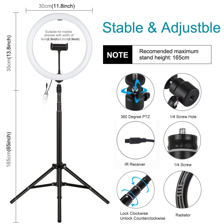 PULUZ 11.8 inch 30cm RGBW Light + 1.65m Mount Curved Surface RGBW Dimmable LED Ring Selfie Vlogging Light  Live Broadcast Kits with Cold Shoe Tripod Adapter & Phone Clamp & Remote Control(Black)