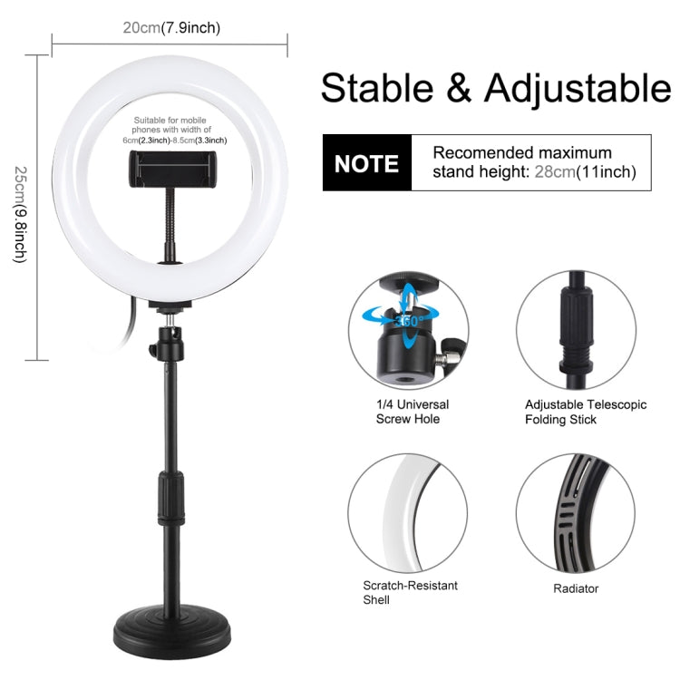 PULUZ 7.9 inch 20cm Light+ Round Base Desktop Holder USB 3 Modes Dimmable Dual Color Temperature LED Curved Light Ring Vlogging Selfie Photography Video Lights with Phone Clamp, 7.9 inch+Desktop Mount