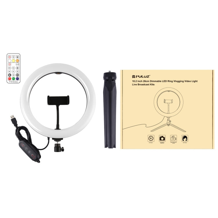 PULUZ 10.2 inch 26cm Marquee LED RGBWW Selfie Beauty Light + Desktop Tripod Mount 168 LED Dual-color Temperature Dimmable Ring Vlogging Photography Video Lights with Cold Shoe Tripod Ball Head & Remote Control & Phone Clamp(Black)