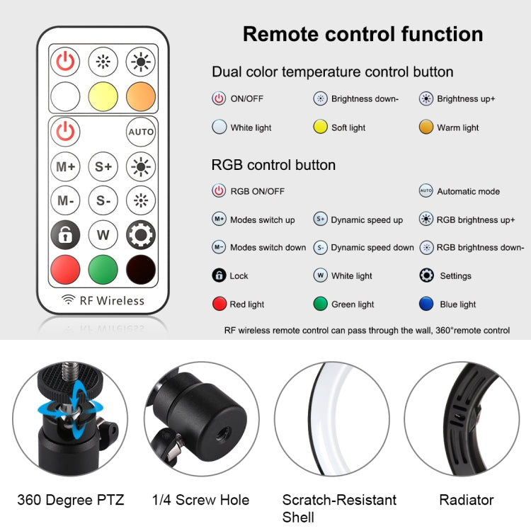 PULUZ 10.2 inch 26cm Marquee LED RGBWW Selfie Beauty Light + Desktop Tripod Mount 168 LED Dual-color Temperature Dimmable Ring Vlogging Photography Video Lights with Cold Shoe Tripod Ball Head & Remote Control & Phone Clamp(Black)