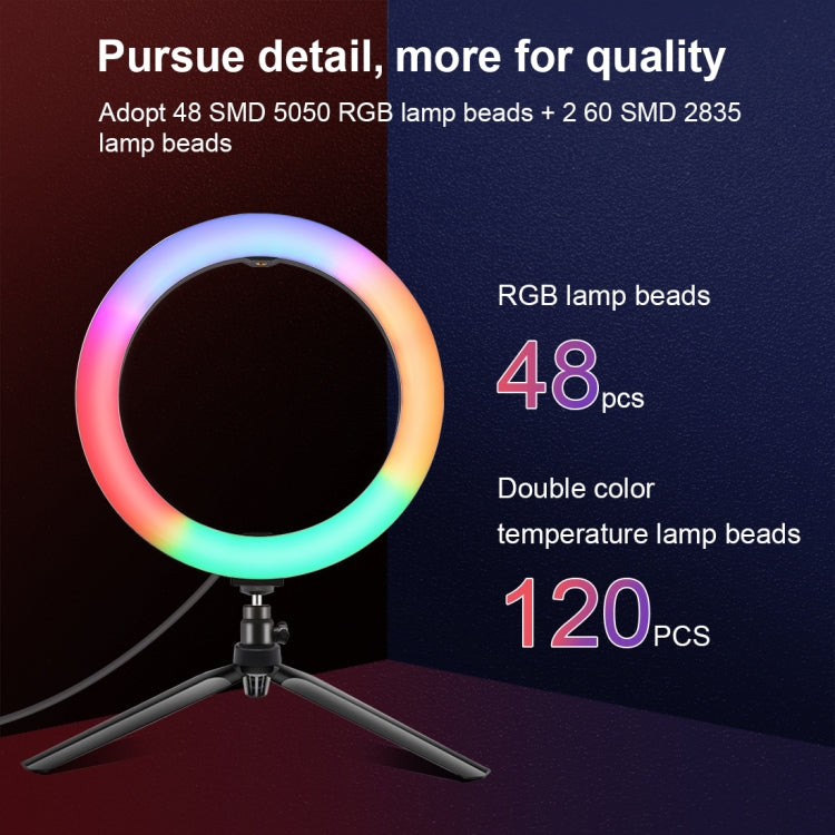 PULUZ 10.2 inch 26cm Marquee LED RGBWW Selfie Beauty Light + Desktop Tripod Mount 168 LED Dual-color Temperature Dimmable Ring Vlogging Photography Video Lights with Cold Shoe Tripod Ball Head & Remote Control & Phone Clamp(Black)