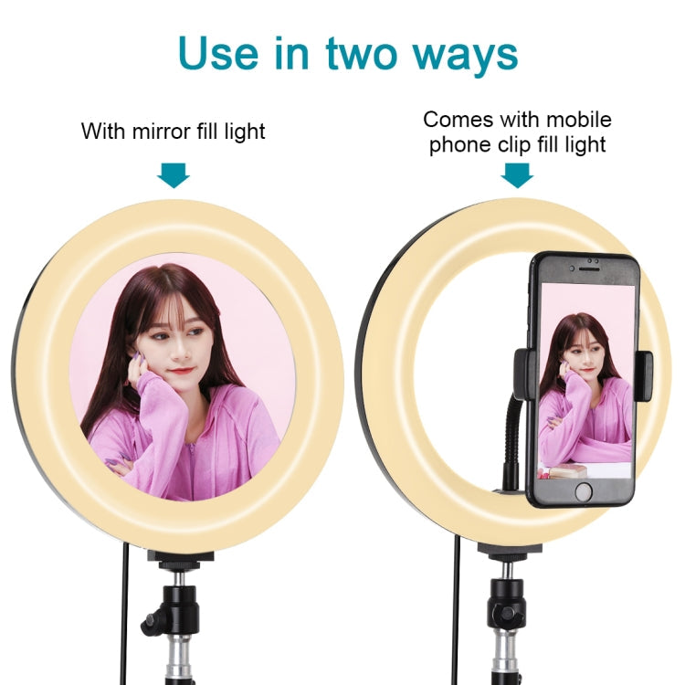 PULUZ 7.9 inch 20cm Mirror Light+ 1.1m Tripod Mount USB 3 Modes Dimmable Dual Color Temperature LED Curved Light Ring Vlogging Selfie Photography Video Lights with Mirror & Phone Clamp(Black)