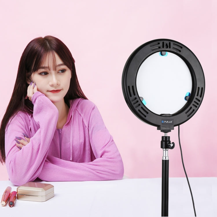 PULUZ 7.9 inch 20cm Mirror Light+ 1.1m Tripod Mount USB 3 Modes Dimmable Dual Color Temperature LED Curved Light Ring Vlogging Selfie Photography Video Lights with Mirror & Phone Clamp(Black)