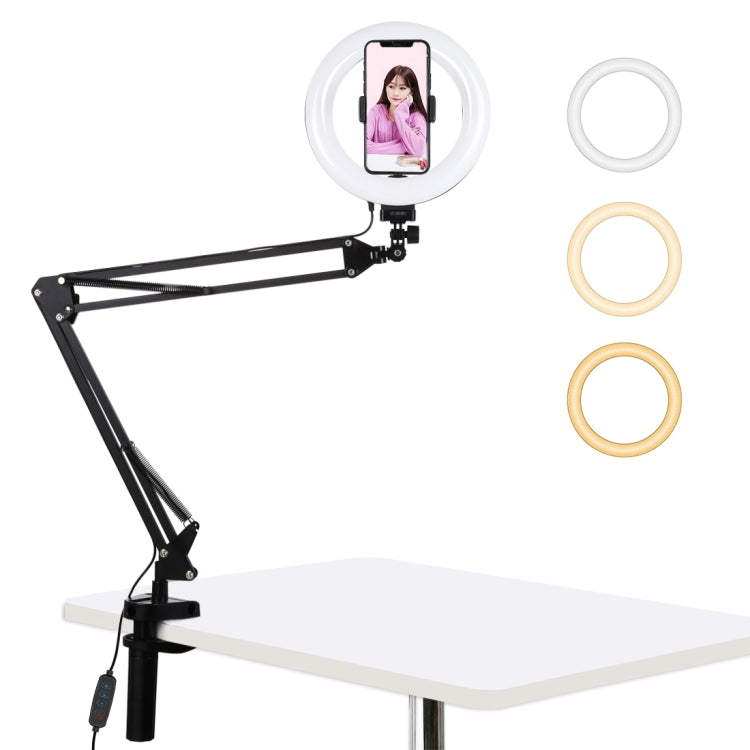 PULUZ 7.9 inch 20cm Ring Curved Light + Desktop Arm Stand USB 3 Modes Dimmable Dual Color Temperature LED Vlogging Selfie Photography Video Lights with Phone Clamp(Black)