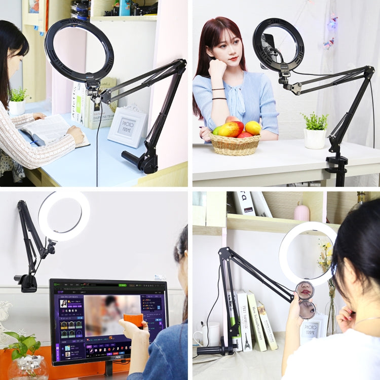 PULUZ 7.9 inch 20cm Ring Curved Light + Desktop Arm Stand USB 3 Modes Dimmable Dual Color Temperature LED Vlogging Selfie Photography Video Lights with Phone Clamp(Black)