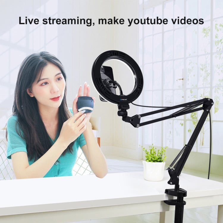 PULUZ 7.9 inch 20cm Ring Curved Light + Desktop Arm Stand USB 3 Modes Dimmable Dual Color Temperature LED Vlogging Selfie Photography Video Lights with Phone Clamp(Black)