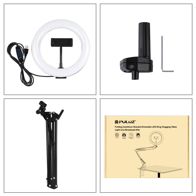 PULUZ 7.9 inch 20cm Ring Curved Light + Desktop Arm Stand USB 3 Modes Dimmable Dual Color Temperature LED Vlogging Selfie Photography Video Lights with Phone Clamp(Black)