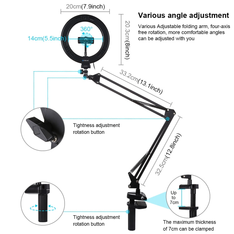 PULUZ 7.9 inch 20cm Ring Curved Light + Desktop Arm Stand USB 3 Modes Dimmable Dual Color Temperature LED Vlogging Selfie Photography Video Lights with Phone Clamp(Black)