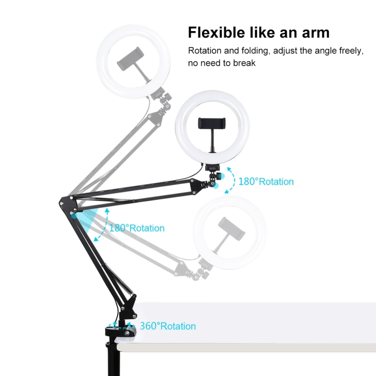 PULUZ 7.9 inch 20cm Ring Curved Light + Desktop Arm Stand USB 3 Modes Dimmable Dual Color Temperature LED Vlogging Selfie Photography Video Lights with Phone Clamp(Black)