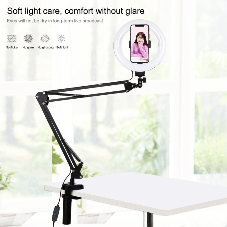 PULUZ 7.9 inch 20cm Ring Curved Light + Desktop Arm Stand USB 3 Modes Dimmable Dual Color Temperature LED Vlogging Selfie Photography Video Lights with Phone Clamp(Black)
