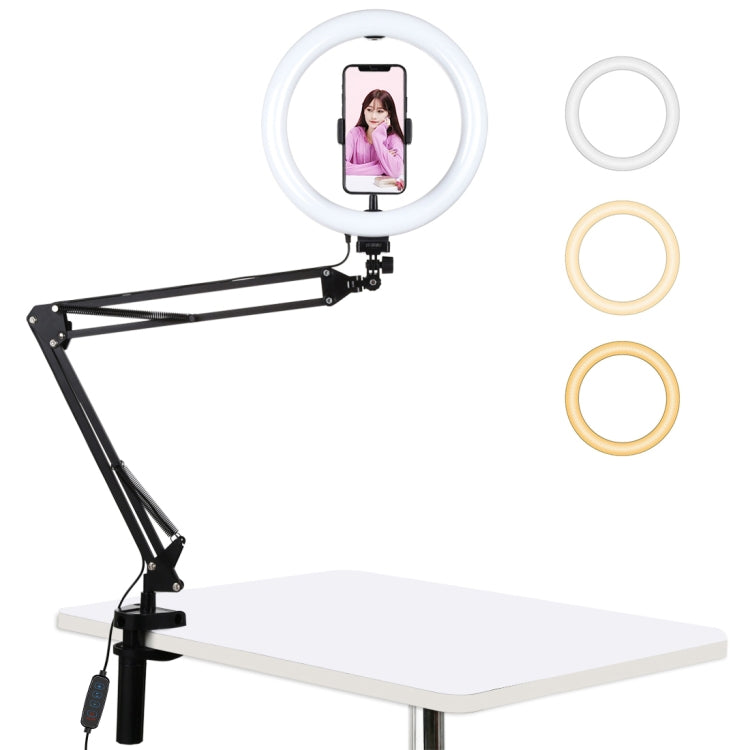 PULUZ 10.2" Ring Light with Desktop Arm Stand, USB, 3 Modes, Dual Color Temperature, Phone Clamp (Black)