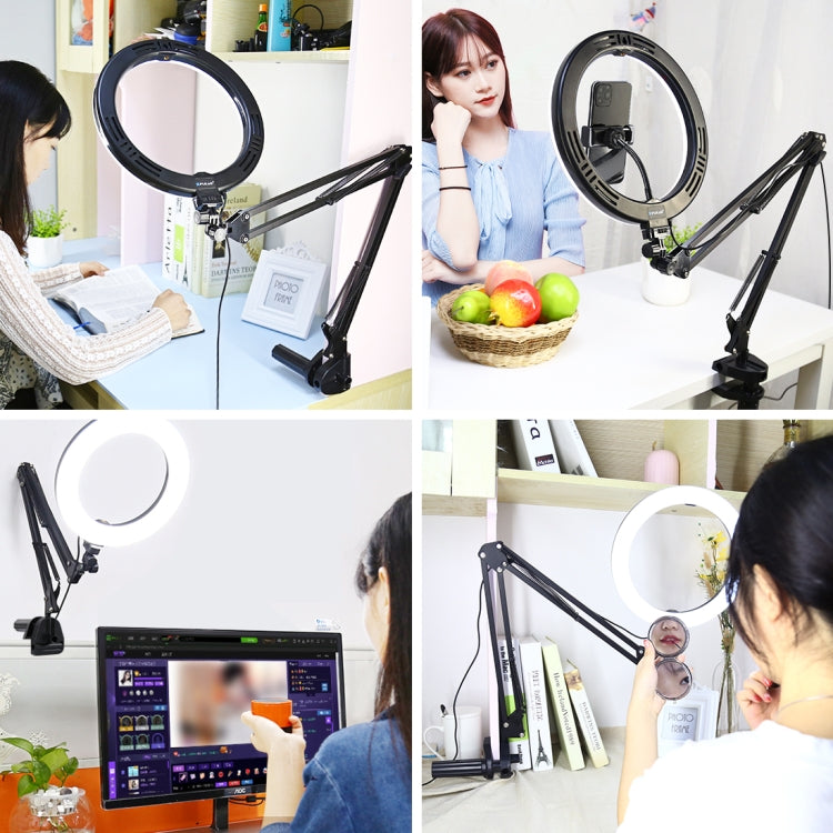 PULUZ 10.2" Ring Light with Desktop Arm Stand, USB, 3 Modes, Dual Color Temperature, Phone Clamp (Black)