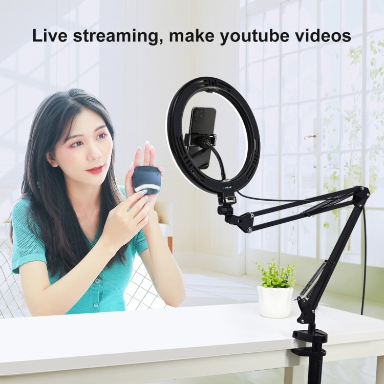 PULUZ 10.2" Ring Light with Desktop Arm Stand, USB, 3 Modes, Dual Color Temperature, Phone Clamp (Black)