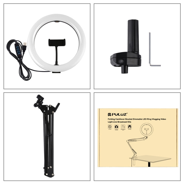 PULUZ 10.2" Ring Light with Desktop Arm Stand, USB, 3 Modes, Dual Color Temperature, Phone Clamp (Black)