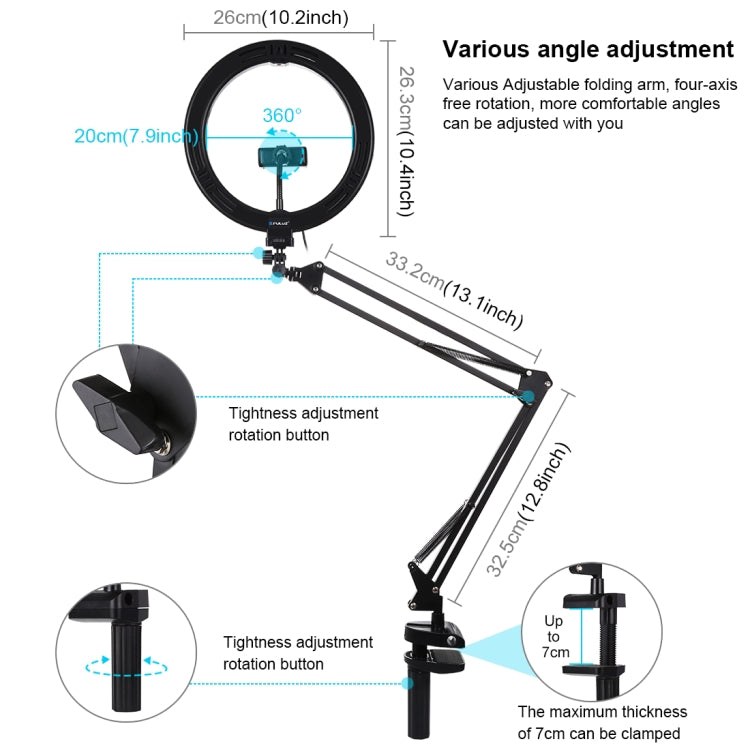 PULUZ 10.2" Ring Light with Desktop Arm Stand, USB, 3 Modes, Dual Color Temperature, Phone Clamp (Black)