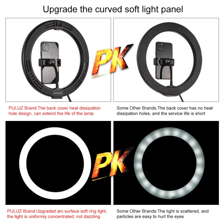PULUZ 10.2" Ring Light with Desktop Arm Stand, USB, 3 Modes, Dual Color Temperature, Phone Clamp (Black)