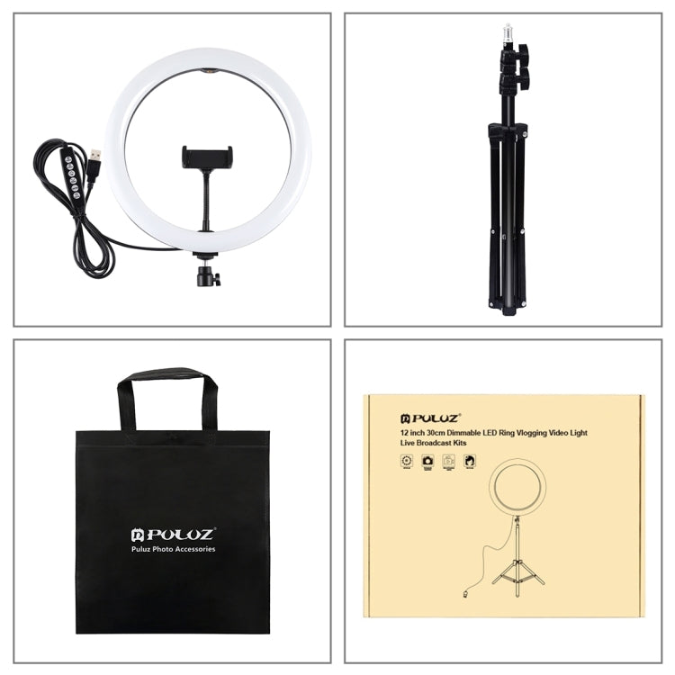 PULUZ 11.8 inch 30cm Light + 1.1m Tripod Mount Curved Surface RGBW Dimmable LED Ring Vlogging Photography Video Lights Live Broadcast Kits with Tripod Ball Head & Phone Clamp(Black)