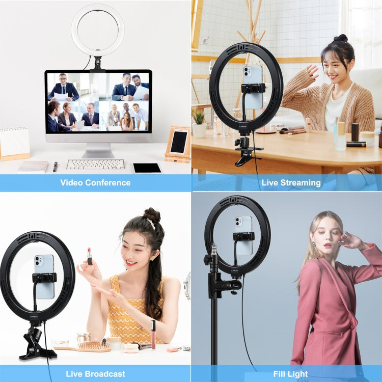 PULUZ 10.2 inch 26cm Ring Light + Monitor Clip USB 3 Modes Dimmable Dual Color Temperature LED Curved Diffuse Vlogging Selfie Beauty Photography Video Lights with Phone Clamp(Black)