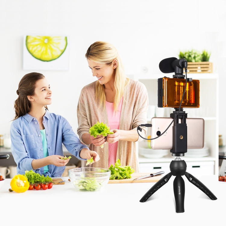 PULUZ Live Broadcast Smartphone Video Light Vlogger Kits with Microphone + LED Light + Tripod Mount + Phone Clamp Holder (Black)