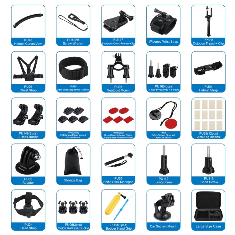 PULUZ 50 in 1 Accessories Total Ultimate Combo Kits with EVA Case (Chest Strap + Suction Cup Mount + 3-Way Pivot Arms + J-Hook Buckle + Wrist Strap + Helmet Strap + Extendable Monopod + Surface Mounts ...  for GoPro, Insta360, DJI and Other Action Cameras