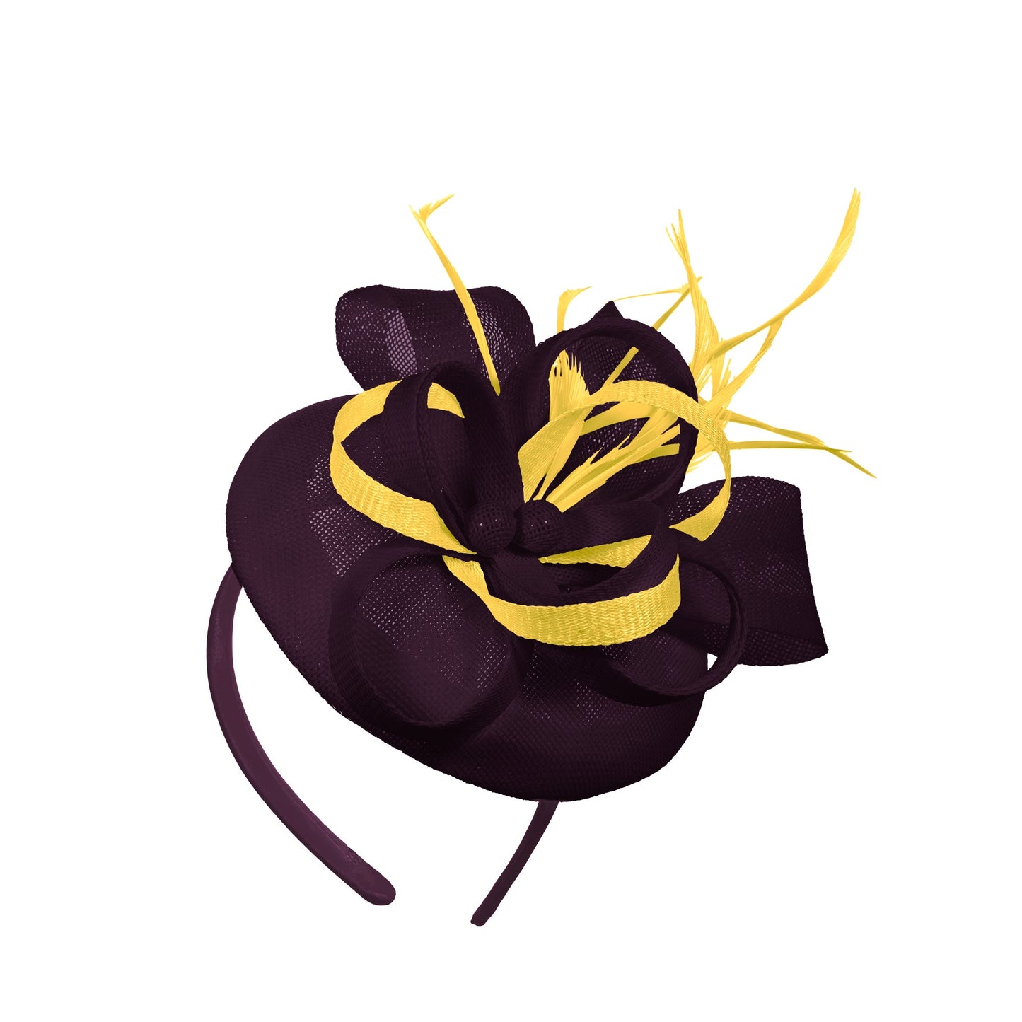 Plum Yellow Mix Round Pillbox Bow Sinamay Headband Fascinator Weddings Ascot Hatinator Races