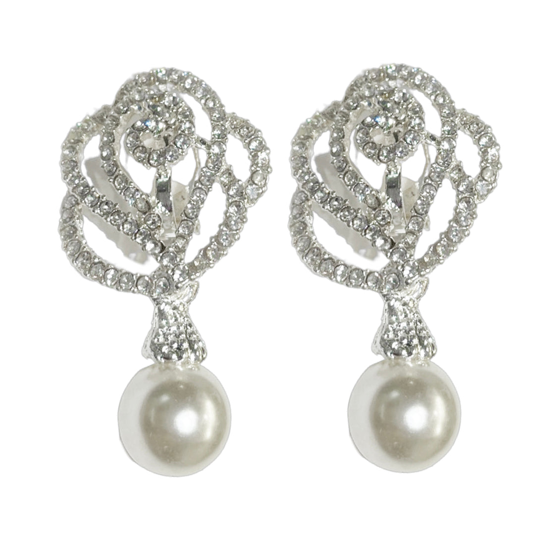 Rose Clip On Earrings Drop Dangle Pearl Silver Plated Clipon