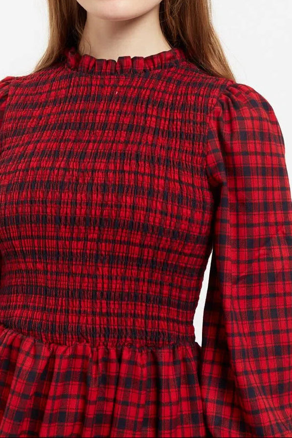 Louche Peppi Winter Gingham Midi Dress Red