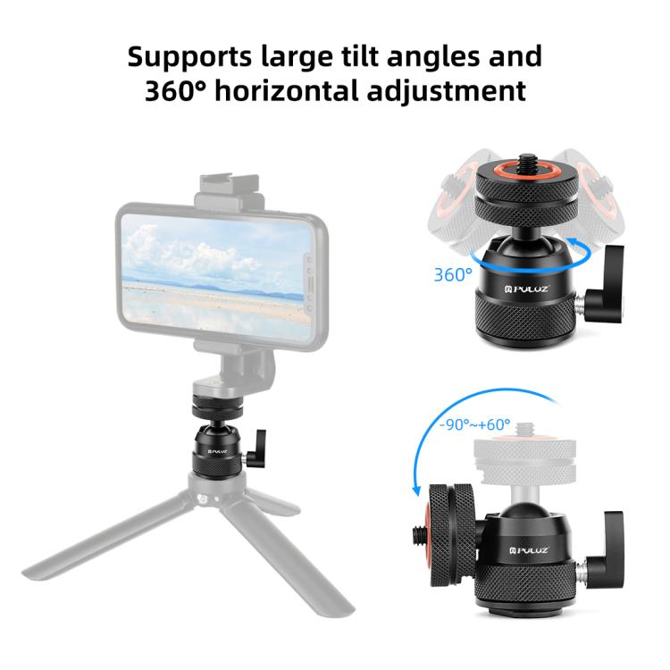 PULUZ Multifunctional Aluminum Alloy Mini Ball Head Tripod Mount Adapter, Cold Shoe & 1/4 Screw Dual-Use, Dual-Use Ball Head Tripod