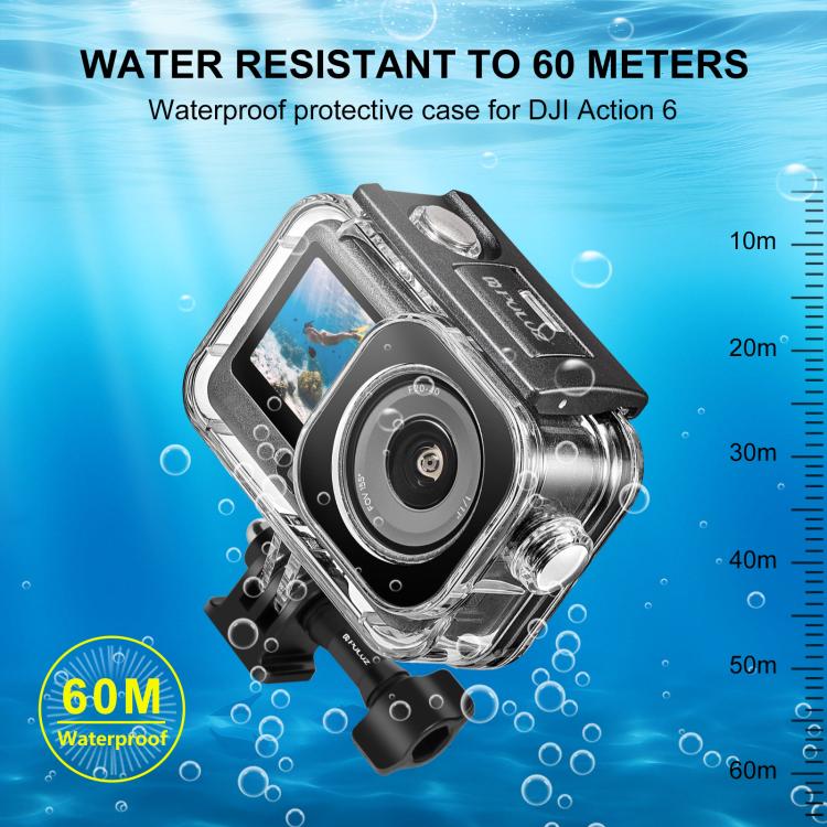 For DJI Osmo Action 6 PULUZ 60m / 196ft Underwater Waterproof Diving Shell with Invisible Adapter & Long Screw, Waterproof Shell