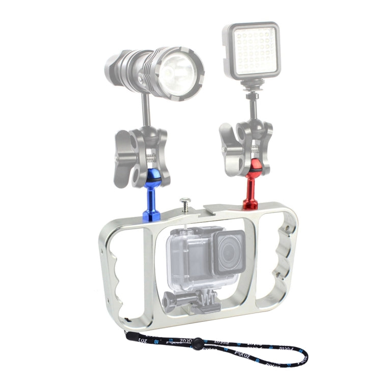PULUZ Dual Handheld Diving Light Arm CNC Aluminum Mount with Lanyard for GoPro Hero12/11/10/9/8/7/6/5, Insta360 Ace/Ace Pro, DJI Osmo Action 4 (Silver)