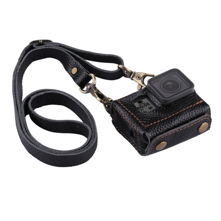 PULUZ for GoPro HERO7 Black /6 /5 Litchi Texture Genuine Leather Housing Case with Set Key Hole & Neck Strap & 52mm UV Lens(Black)
