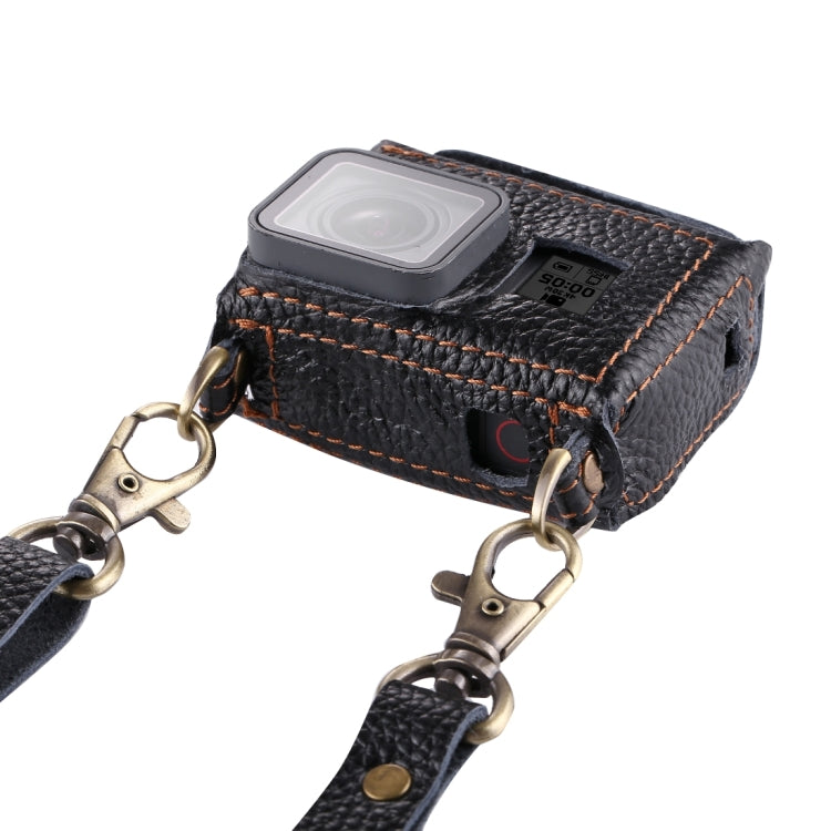 PULUZ for GoPro HERO7 Black /6 /5 Litchi Texture Genuine Leather Housing Case with Set Key Hole & Neck Strap & 52mm UV Lens(Black)