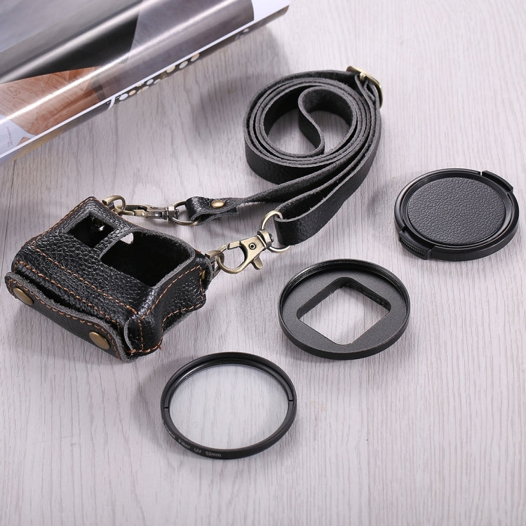 PULUZ for GoPro HERO7 Black /6 /5 Litchi Texture Genuine Leather Housing Case with Set Key Hole & Neck Strap & 52mm UV Lens(Black)