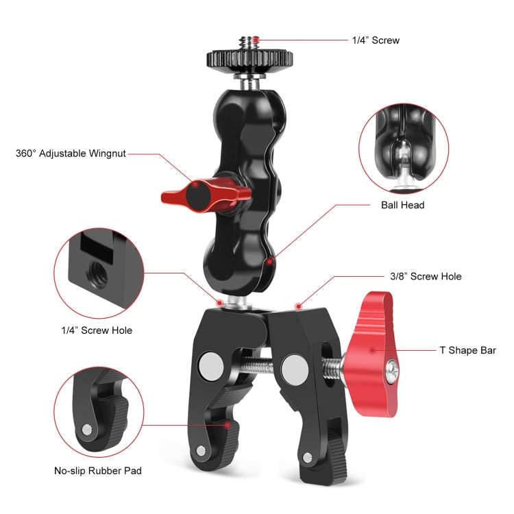 PULUZ Multi-function Magic Arm Ball Mount Clamp Crab Pliers Clip(Red)