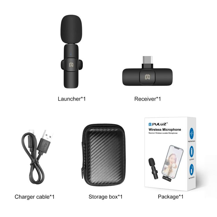 PULUZ Wireless Lavalier Noise Reduction Reverb Microphone for Type-C / USB-C Device, Support Phone Charging, Type-C Wireless Microphone